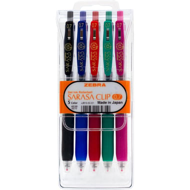 Zebra Sarasa Clip Gel Ink Pen, Blue;Black;Red;Green;Pink Ink Color, 0.7 mm, Ballpoint, 5 Pieces