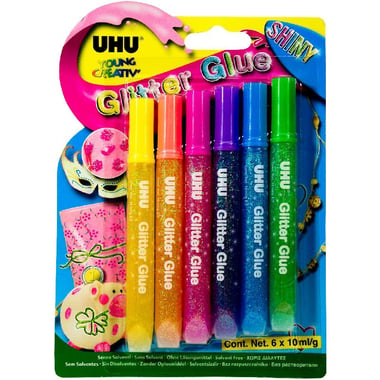 UHU Young Creative Glitter Glue - Shiny Colours (6 Colors X 10 ml), Assorted Neon Color