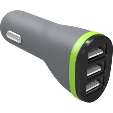 USB Car Charger, Fast Battery Charging, 12 Watts, 3 USB, Grey