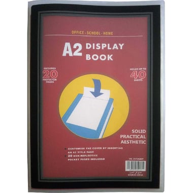 Display Book, 20 Pockets, A2, Plastic with Black Silk Print, Red