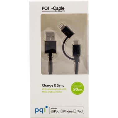 PQI i-Cable Du-Plug 90 Lightning + Micro USB to USB 2.0 Cable Adapter, 2.95 ft ( 89.92 cm ), Black