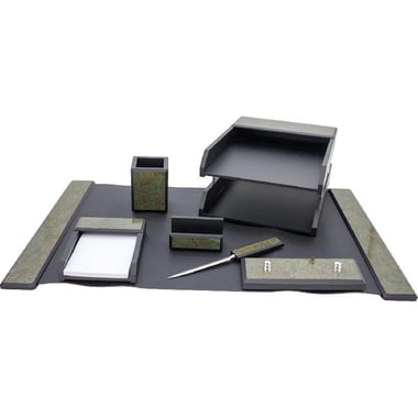 Desk Set, 7 Components, Rubber/Wood, Black/Marble Brown