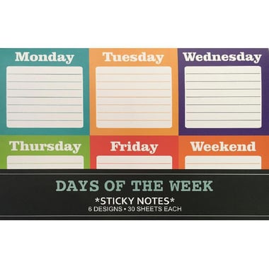 Roco Days of The Week Trendy Self Stick Notes, 6 Designs, 2.75" X 2.75", 180 Notes,