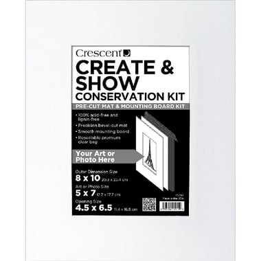 Crescent Create & Show Photo Frame, Conservation Kit, 5" X 7" Opening Frame, 8" X 10", White, Matboard