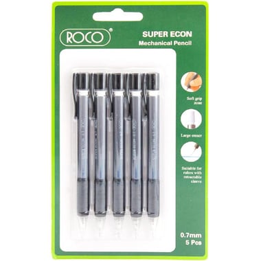 Roco Super Econ Mechanical Pencil Set, 5 Pieces/Pack, Medium, 0.7 mm