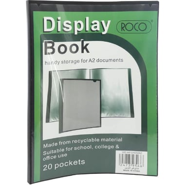 Display Book, 20 Pockets, A2, Polypropylene with 0.75 mm Cover and 0.05 mm Pocket, Black