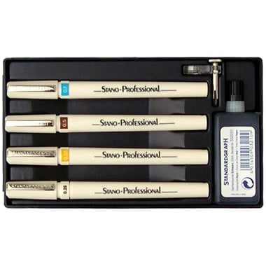Standardgraph Stano.Professional Drawing Set, 0.25;0.35;0.5;0.7 mm, Needle Tip, 4 Pens;Compass Adapter;Ink (23 ml)