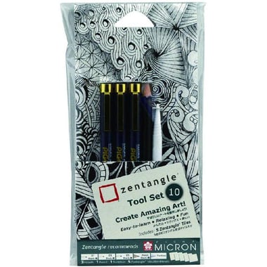 Sakura Pigma Micron Zentangle Drawing Set, Black Ink Color, 0.1;0.3;0.5 mm, Assorted Point Type, 10 Pieces