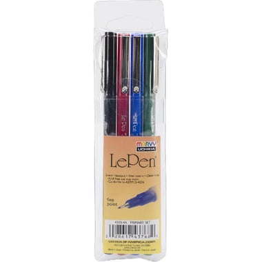Marvy Uchida LePen Primary Fineliner Pen, Black;Blue;Green;Red Ink Color, Fine Tip, 4 Pieces