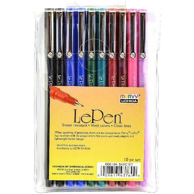 Marvy Uchida LePen Basic Fineliner Pen, Assorted Ink Color, Fine Tip, 10 Pieces