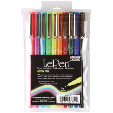 Marvy Uchida LePen Neon Mix Fineliner Pen, Flourescent Ink Color, Fine Tip, 10 Pieces
