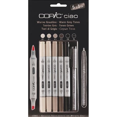 COPiC Ciao 5 + 1 Set - Warm Grey Tone Graphic Art Marker, Assorted Color, Twin Tip