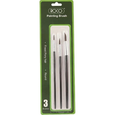 Roco Long Handle Artist Brush, Goat Hair White, Round, Watercolor, 3 Pieces