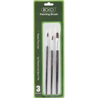 Roco Long Handle Artist Brush, Goat Hair White, Round, for Watercolor and Gouache, 3 Pieces