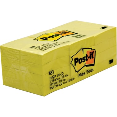 3M Post-it 653 Standard Self Stick Notes, Rectangle, 1.5" X 2", 1200 Notes, Yellow