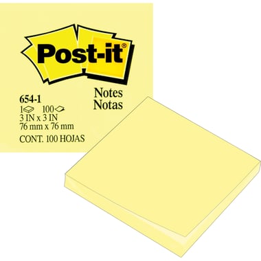 3M Post-it 654 Standard Self Stick Notes, Square, 3" X 3", 100 Notes, Yellow