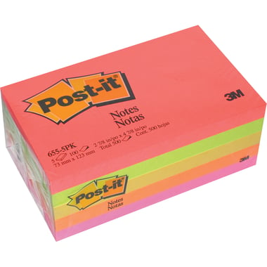 3M Post-it 6555 Trendy Self Stick Notes, Rectangle - Neon, 3" X 5", 500 Notes, Apricot;Beige;Green;Orange;Pink