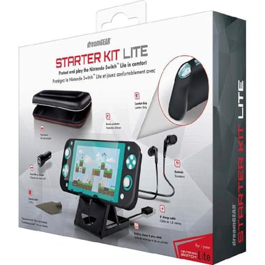 dreamGEAR Starter Kit Lite, Travel Case;Grip Case;Screen Protector;Earbuds;Adjustable Stand;Car Charger, for Nintendo Switch Lite, Black