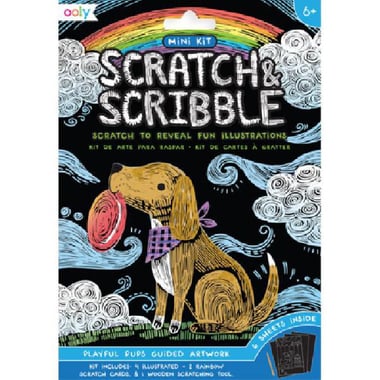 OOLY Scratch & Scribble Playful Pups Guided Artwork, Mini Kit Scribbler, 4 Illustrated + 2 Rainbow;Scratch Cards;1 Wooden Scratching Tool;6 Sheets Inside