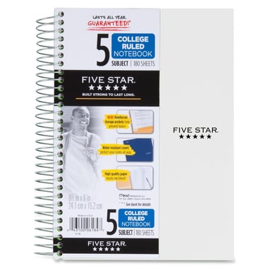 Five Star Notebook, 9.5" X 6", 360 Pages (180 Sheets), 5 Subjects, College Ruled,