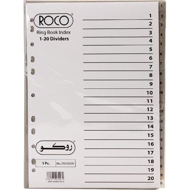 Roco Index Divider, A4, 1/20 Tab Cut, Numeric Tab Type, Grey Tab Color, Plastic