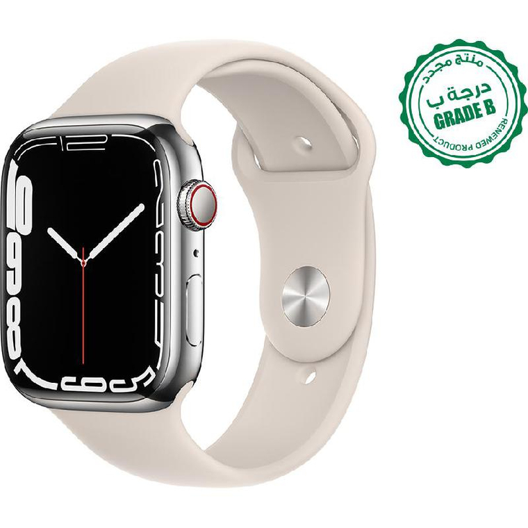 Renewed Grade B Apple Watch Series 7 45, GPS + Cellular, eSIM Supported, Silver Stainless Steel Case/Starlight Sport Band