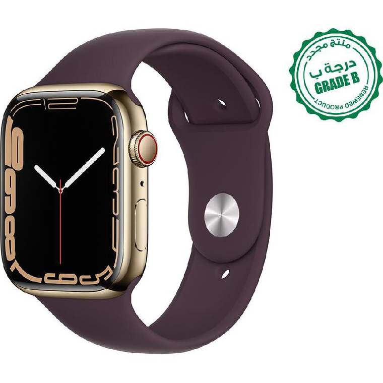 Renewed Grade B Apple Watch Series 7 41, GPS + Cellular, eSIM Supported, Gold Stainless Steel Case/Dark Cherry Sport Band