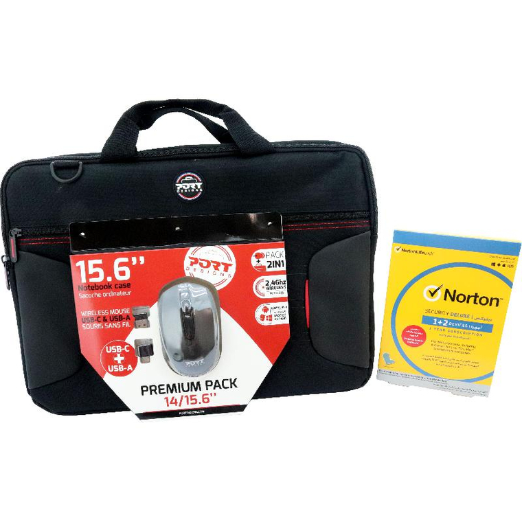 Norton Security Deluxe Security 3 User + Bag + Mouse Bundle, Accessory Bundle, Universal, Black